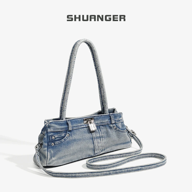 复古水洗做旧牛仔包2025新款简约高级感手提腋下单肩包百搭法棍包