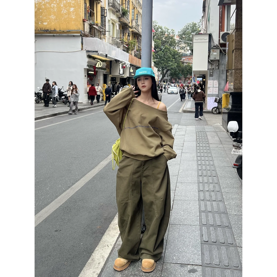 现货 杨九七美式薄款一字肩上衣复古百搭休闲宽松套头卫衣女 7403