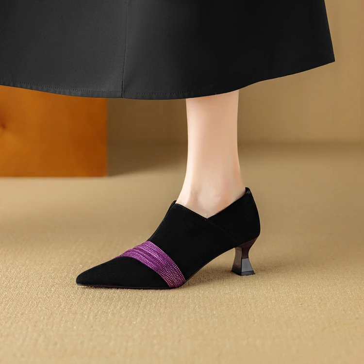 羊反皮~5.5cm法式尖头深口猫跟单鞋女新款真皮水钻气质淑女及踝靴