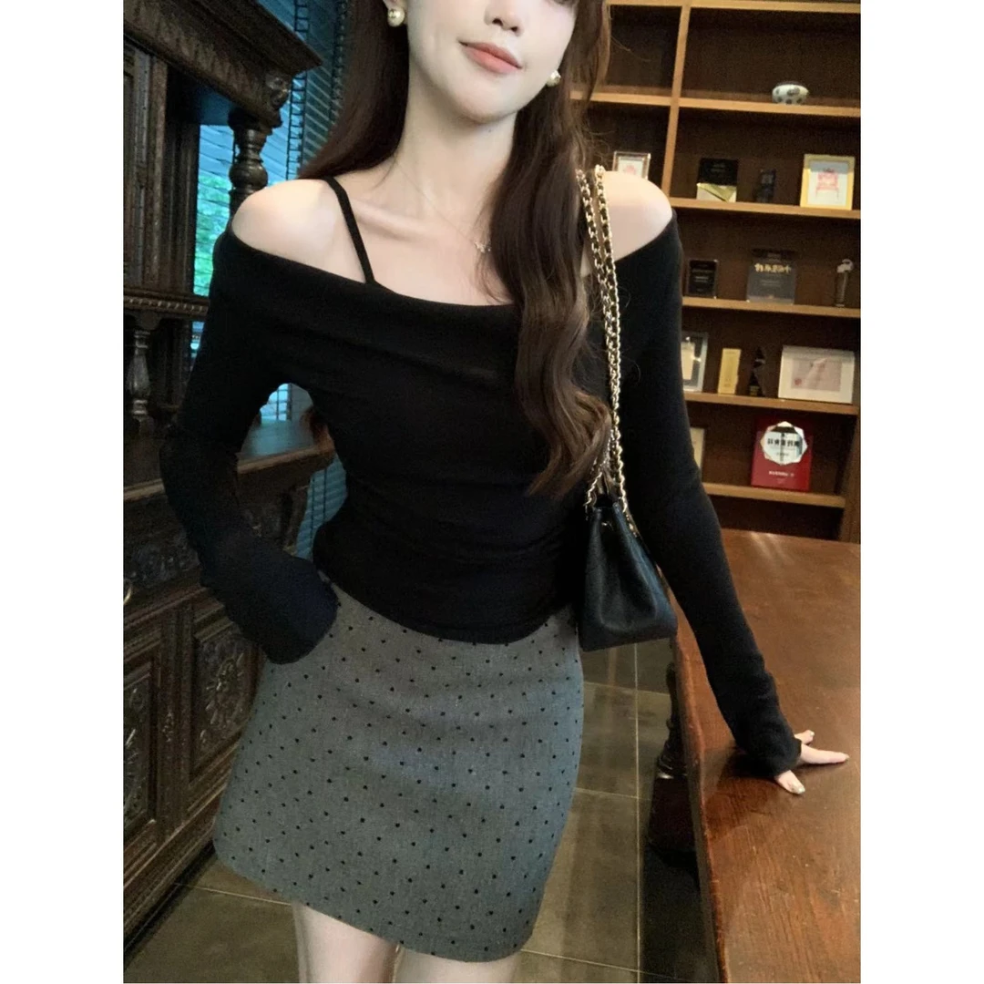 安安 秋季小吊带荡领假两件T恤