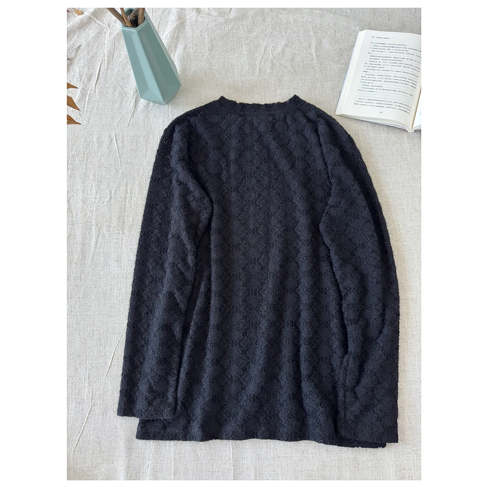 T612秋冬新款女士时尚百搭宽松镂空蕾丝圆领长袖T恤打底衫