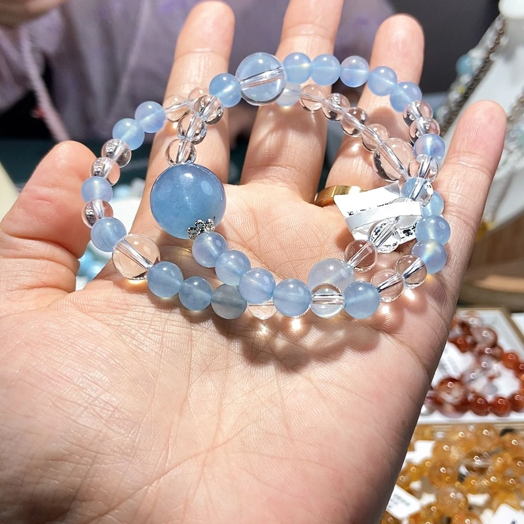 水晶手链未镶嵌曦***果海蓝宝➕白水双圈