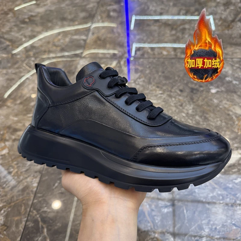 男鞋新款真皮黑色加绒加厚保暖时尚休闲鞋冬季百搭高端运动鞋潮鞋