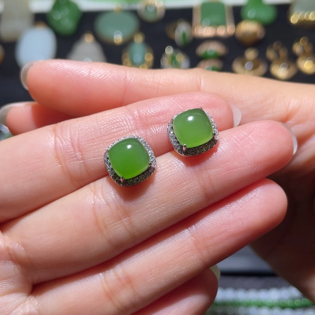 和田玉银S925镶嵌耳饰