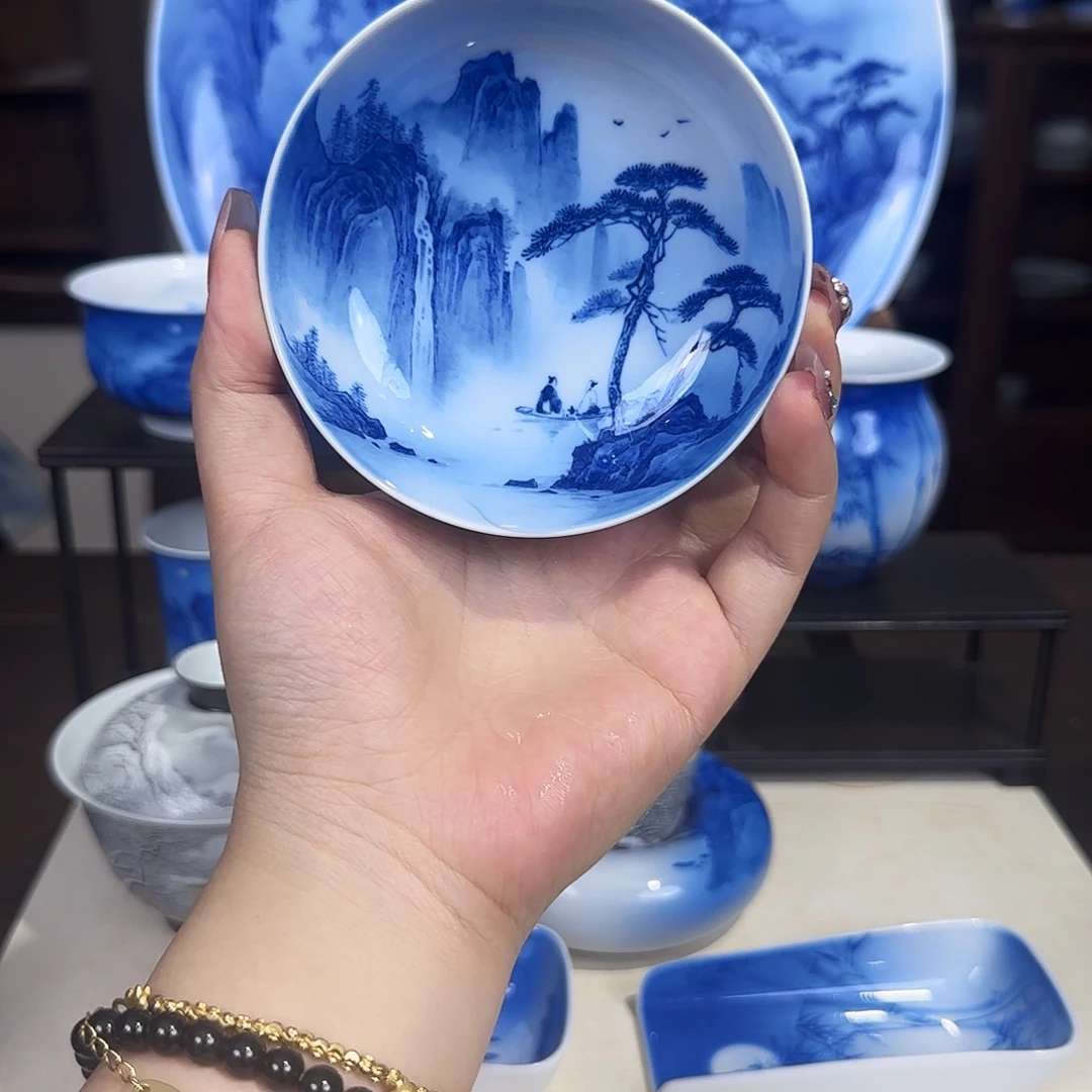 青花夜景山水杯杯