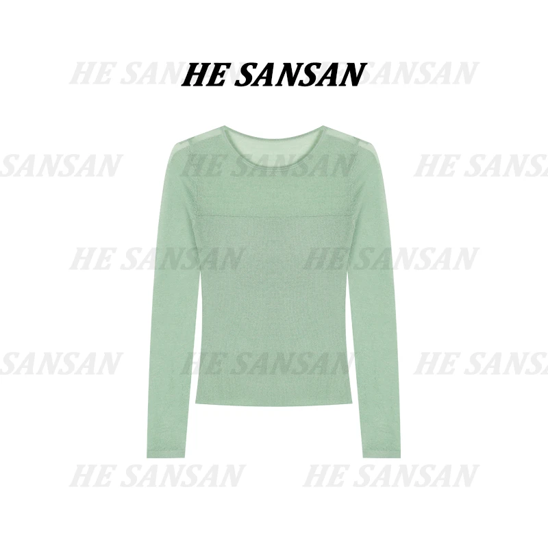 【SANSAN】极简百搭轻奢绿色修身气质长袖上衣DY-90206