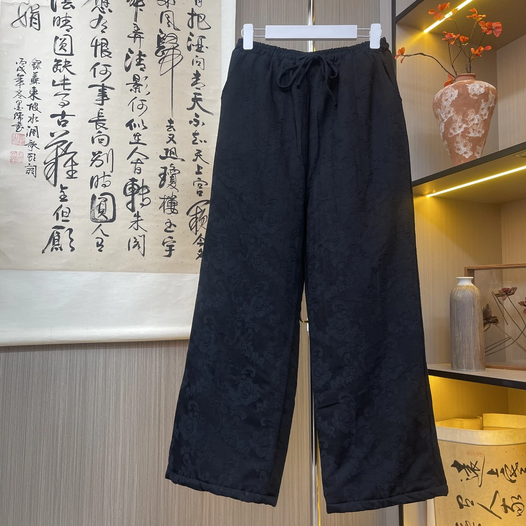 【续诗】冬季新中式复古提花百搭休闲舒适系带松紧直筒加棉加厚棉裤
