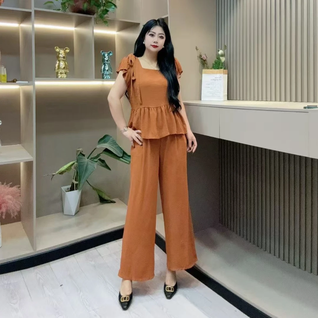 夏季套装-酷 3341时尚潮流蝴蝶结系绳菲边显瘦款胖MM大码女装新款