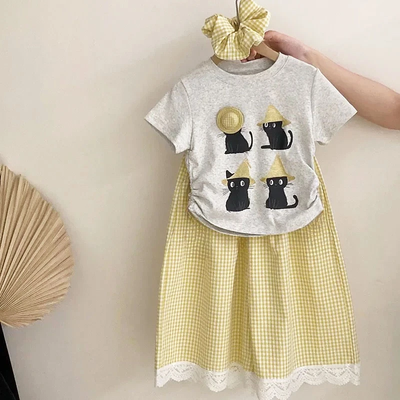 女童套装夏季2025新款儿童洋气短袖T恤夏装女孩格子阔腿裤两件套