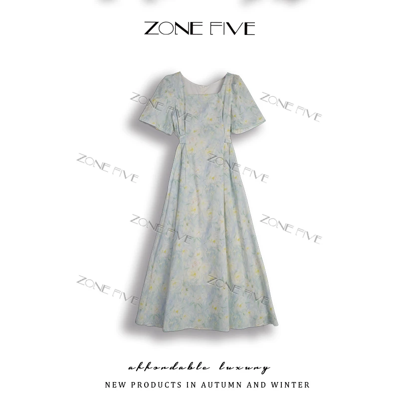 【zonefive】安琪法式印花连衣裙女2025夏季新款收腰显瘦气质裙子08