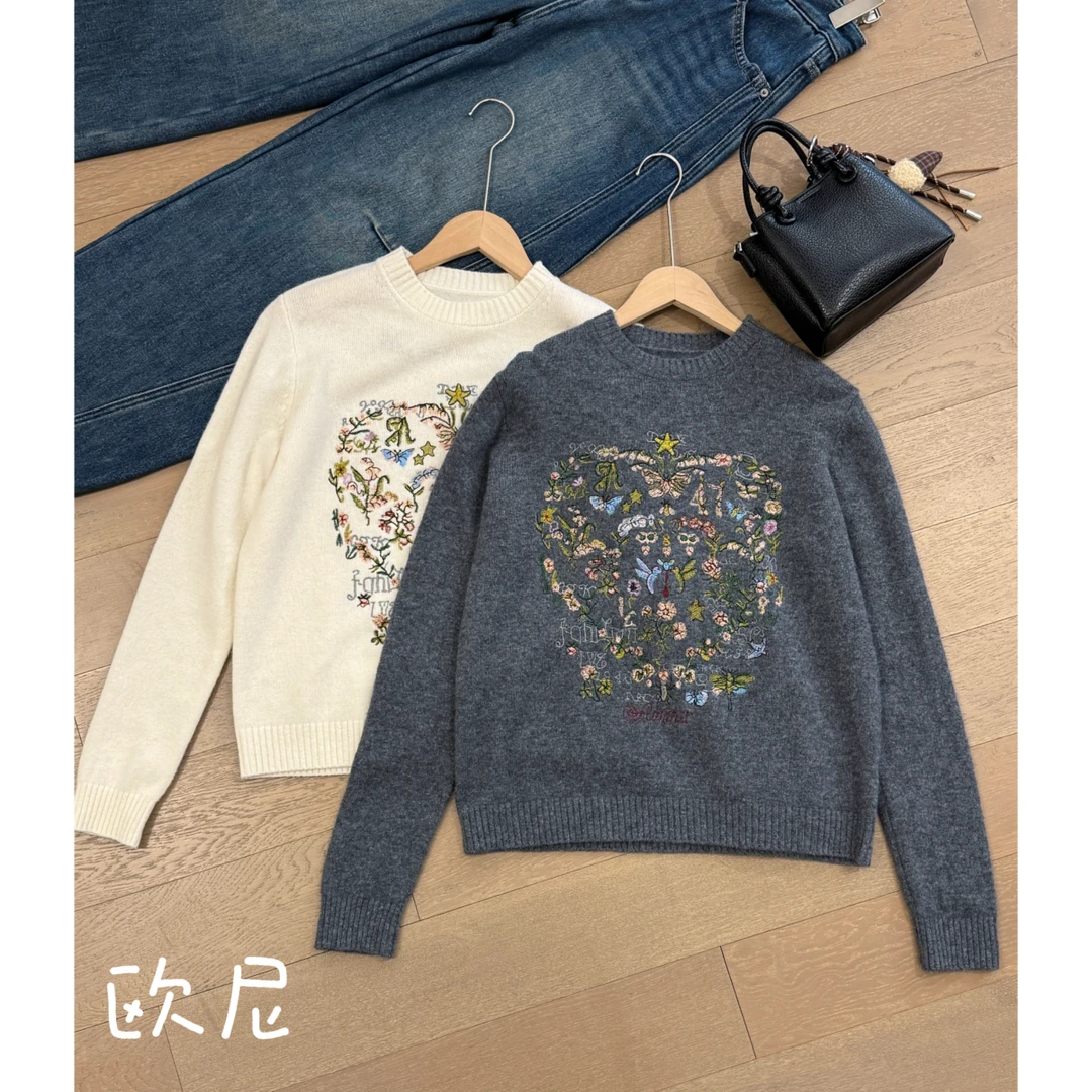 欧尼私服 小众设计款彩色花朵重工刺绣百搭针织衫毛衣2412B6278