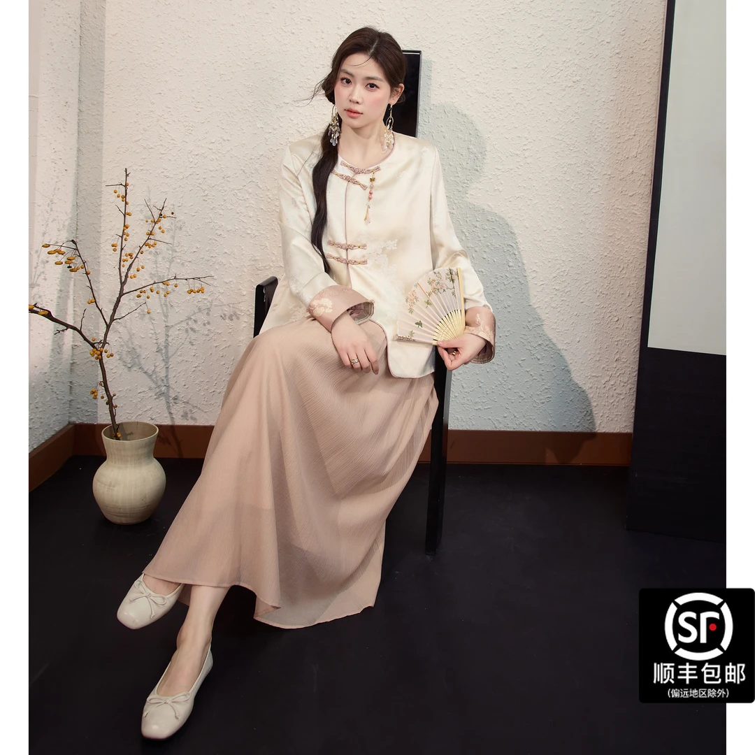 蓝语大码女装新中式国风秋温婉盘扣外套上衣半身裙02581秋冬服装