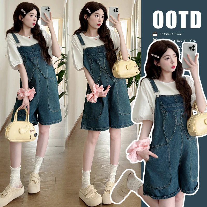2025年新款元气孕妇韩版兔耳朵牛仔背带裤套装+泡泡袖短袖上衣