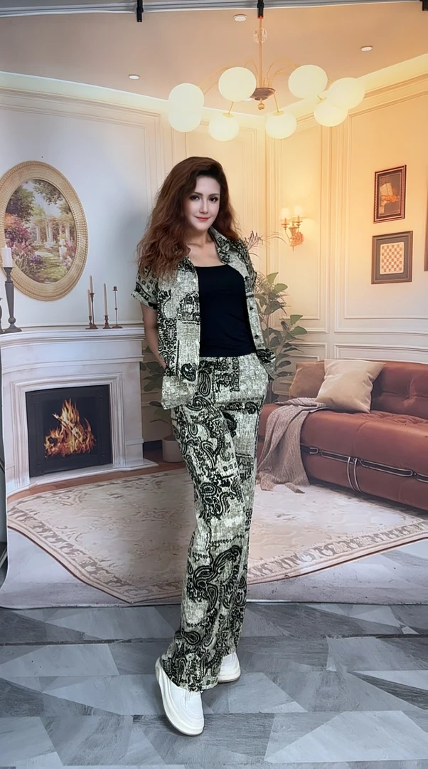 【2025夏季新款短袖时尚三件套】气质减龄印花短袖衬衫高腰阔腿裤套