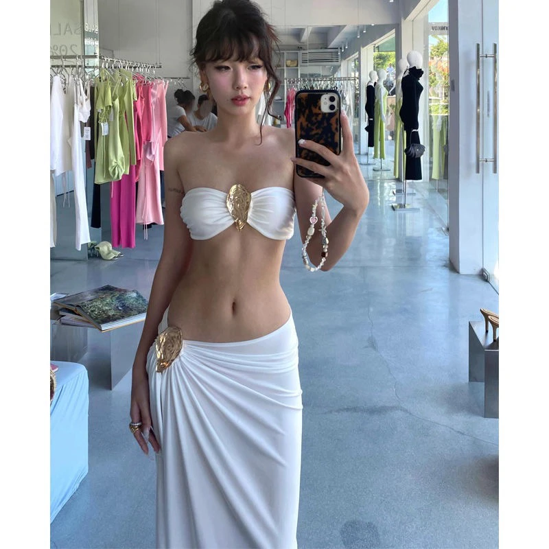 辣妹泳装性感人鱼金属抹胸比基尼开叉半身裙套装海边度假沙滩泳衣