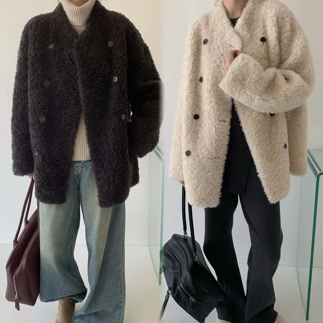 人造皮草 韩系高级感双排扣加厚羊羔毛外套女冬季慵懒风毛毛一体