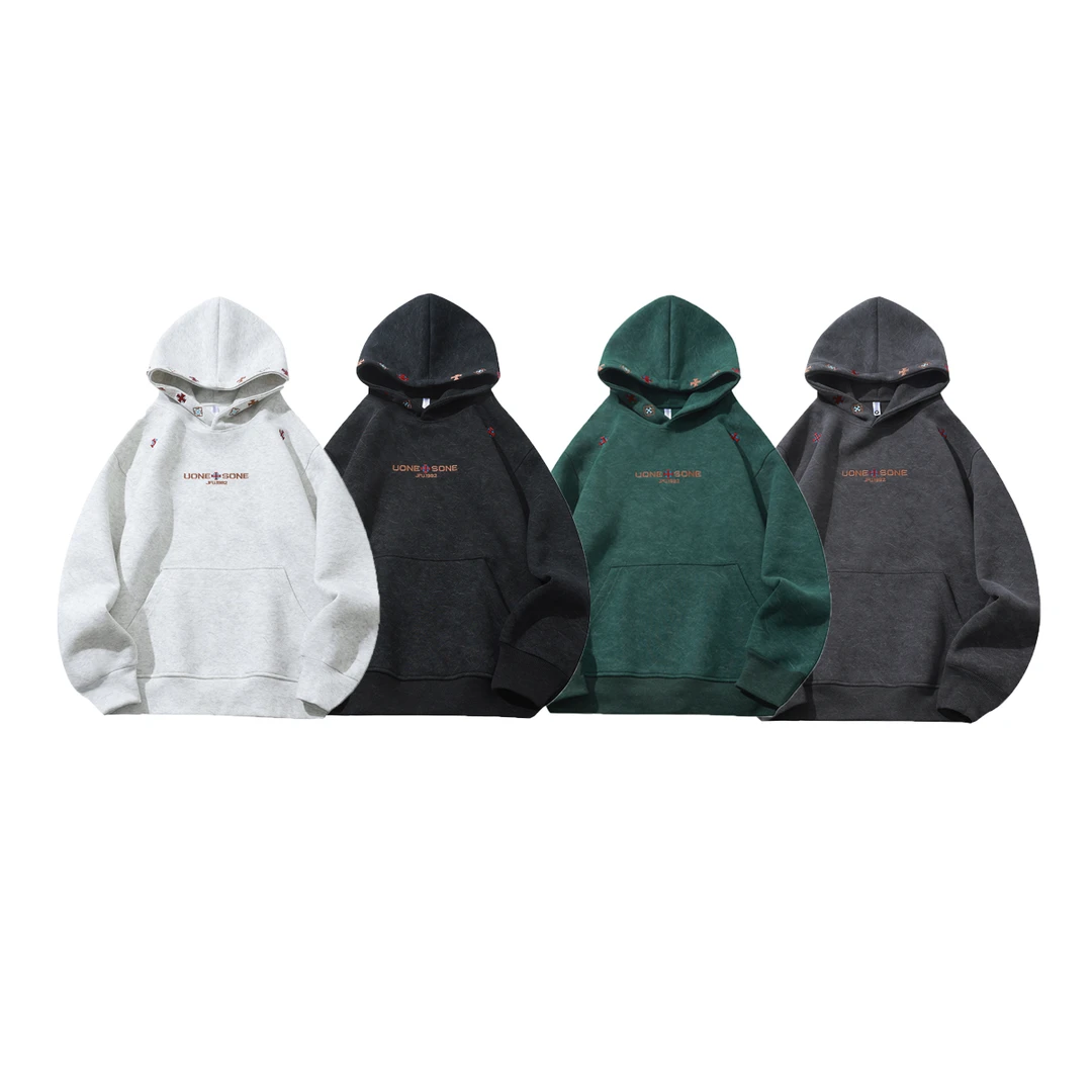 秋冬刺绣情侣款boxy版型套头连帽加绒卫衣男女同款百搭潮流宽松