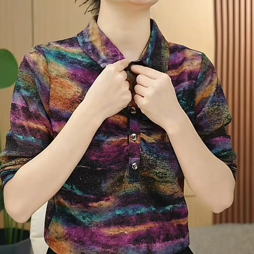 夏季时尚女士中老年妈妈装气质显瘦时尚洋气百搭翻领印花上衣