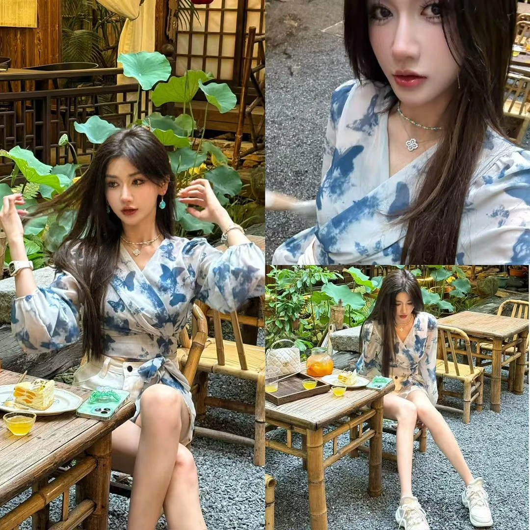 水墨画扎染长袖雪纺衫衬衣气质v领短款小上衣