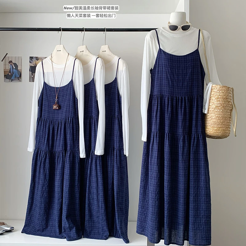 复古叠穿格子吊带连衣裙+宽松慵懒长袖T套装裙2025慵懒风舒适套装