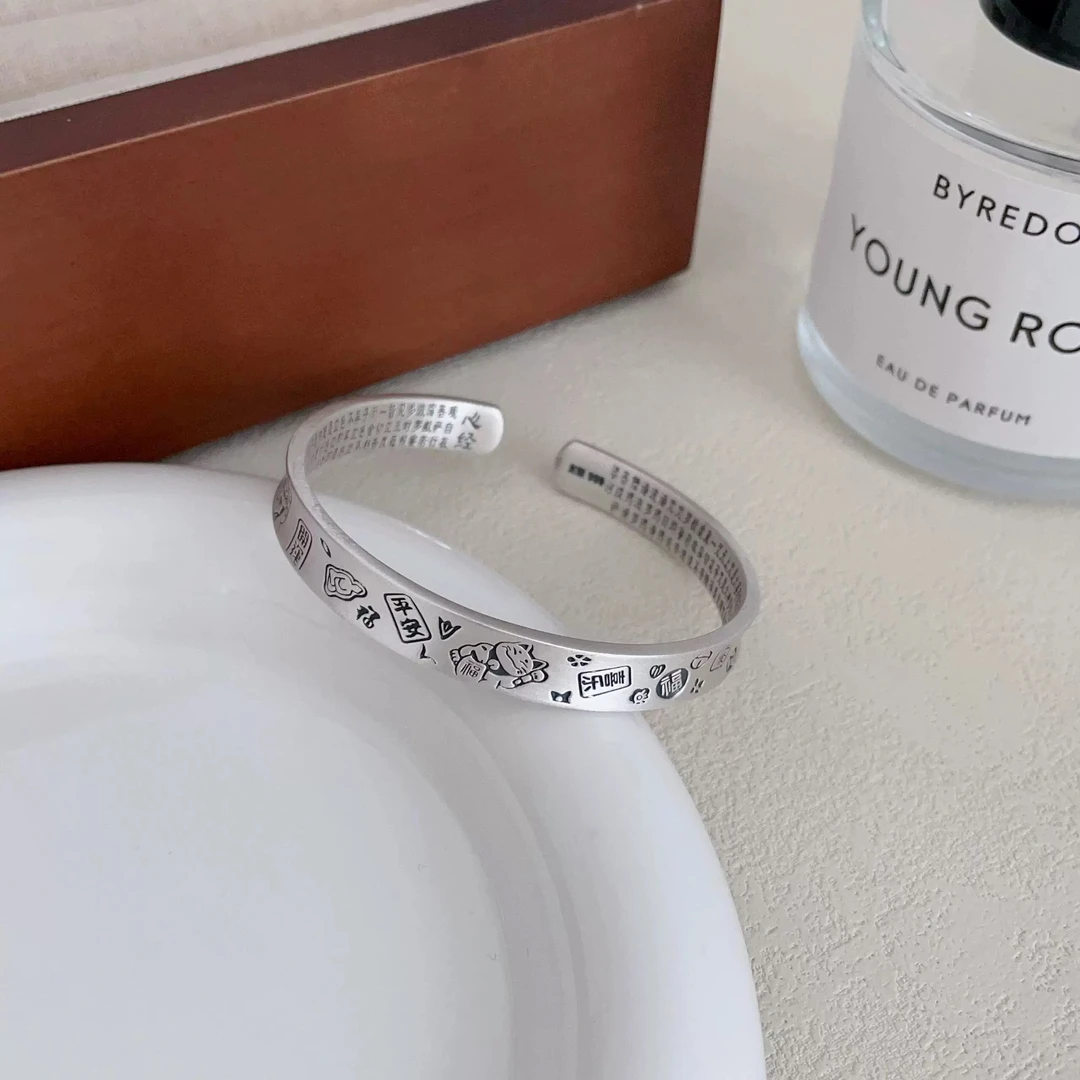 足银手镯 A30开口足银999.9镯子招财猫手镯实心小众风时尚百搭