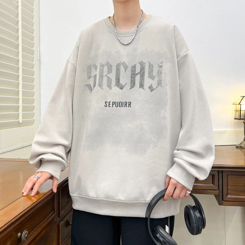 2025春季新款青少年港风卫衣男士潮流时尚圆领打底衫百搭长袖宽松