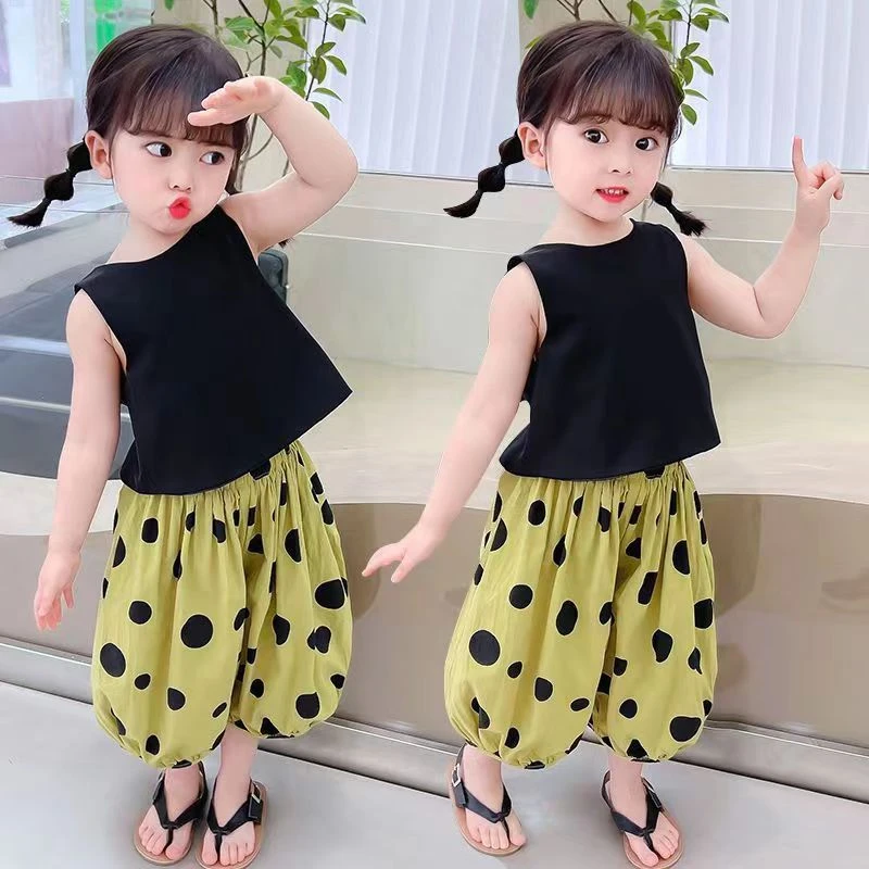 女童夏季背心吊带套装洋气儿童装夏装宽松波点阔腿裤宝宝灯笼裤LX
