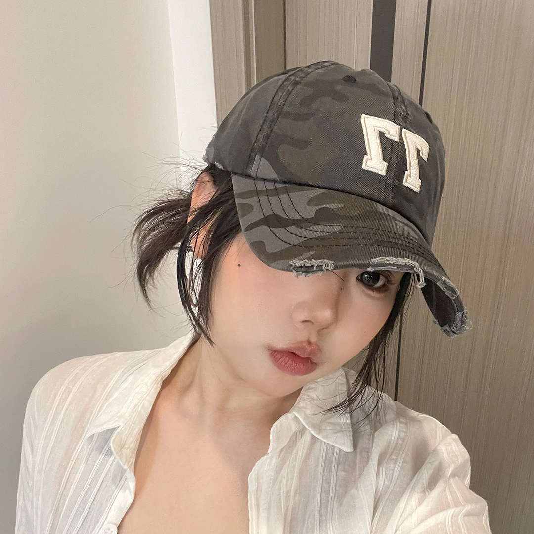 美式迷彩77号字母刺绣磨边棒球帽女春秋夏季户外运动帽鸭舌帽子男