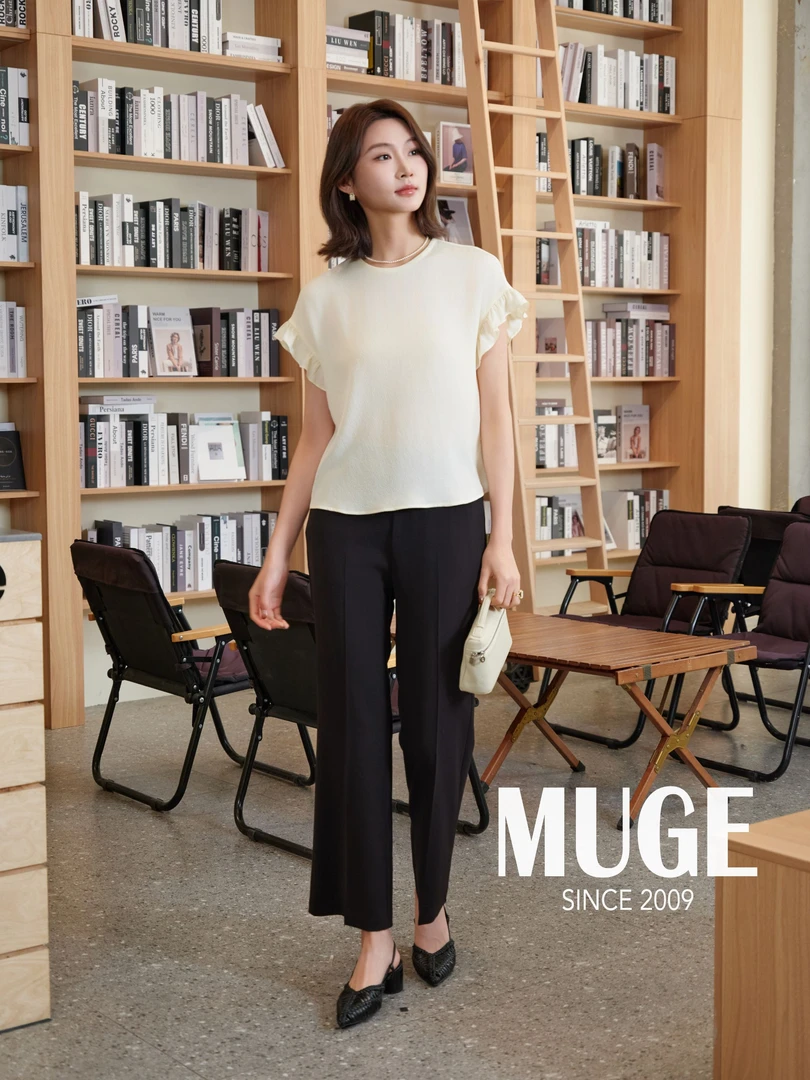 MUGE/慕歌桑蚕丝显瘦纯色百搭荷叶袖薄款休闲风圆领短袖气质T恤