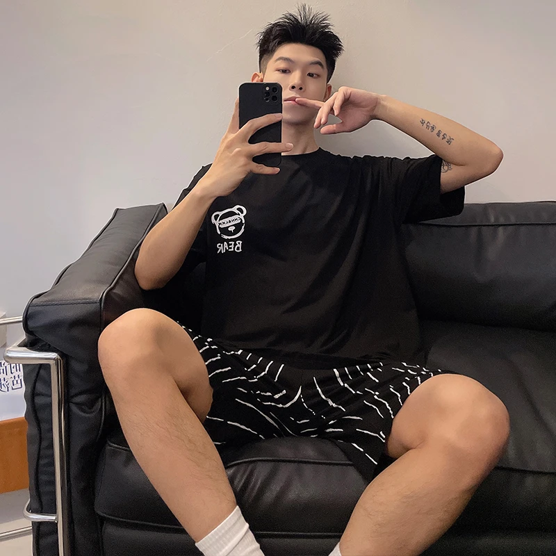 庆同新款休闲夏季薄款男款睡衣短袖短裤凉感莫代尔舒适简约家居服