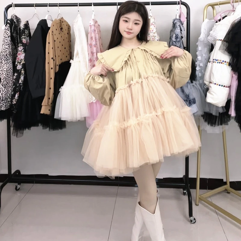 设计师款春夏网纱拼接连衣裙女款洋气重工蓬蓬裙漂亮别致小衫