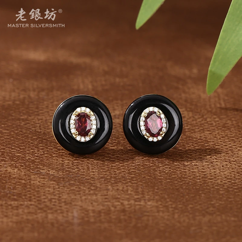 【老银坊】s925银黑玛瑙石榴石纽扣耳钉 0011578