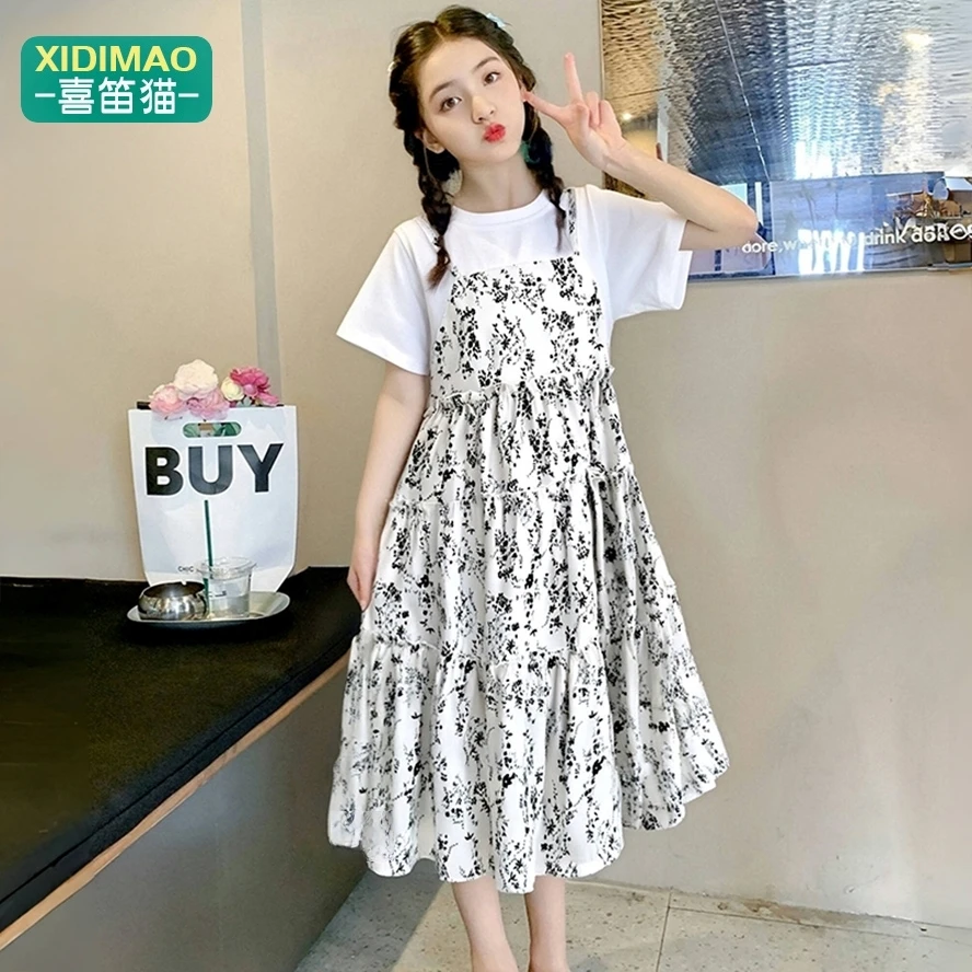 女童连衣裙夏装短袖夏季2025新款假两件洋气中大童小女孩公主裙子