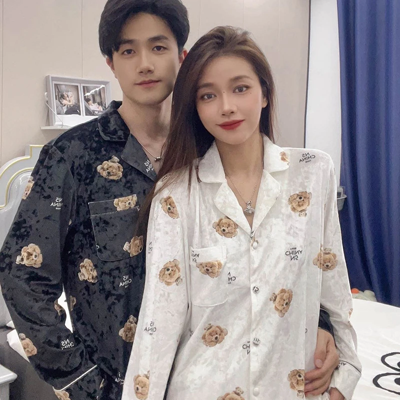 情侣款秋冬钻石绒小熊睡衣卡通可爱保暖舒适家居服套装5602