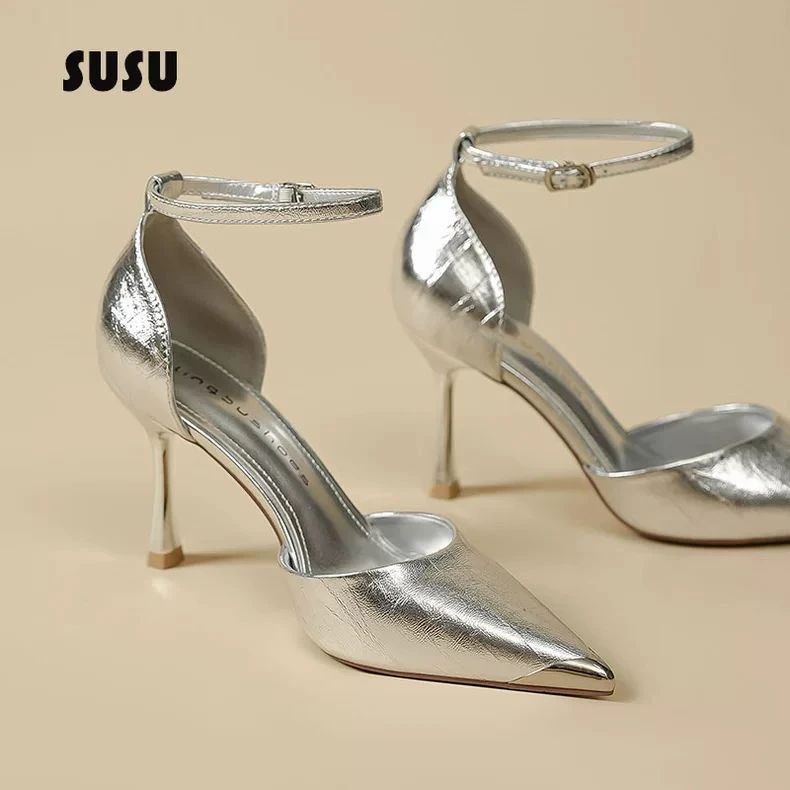 一字扣高跟鞋女2025新款银色细跟法式绝美高级感不累脚中空单鞋