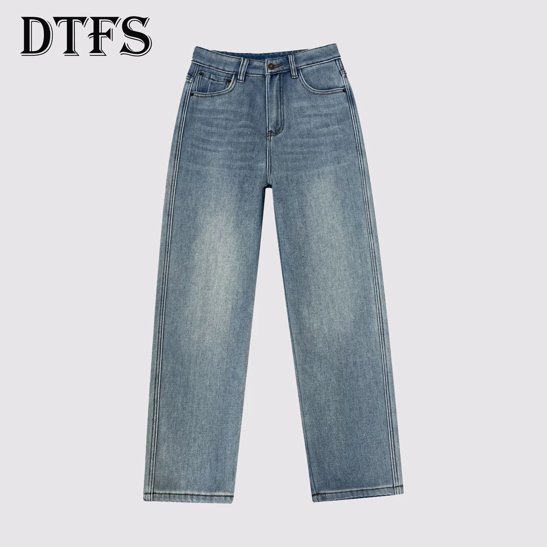 2024冬款简约百搭显瘦蓝色高腰水洗窄版牛仔加绒加厚直筒裤1338-1