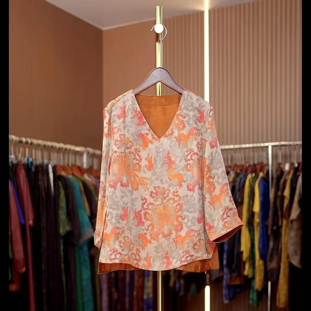 称心-新中式国风橙色鲤鱼中长袖休闲上衣0412
