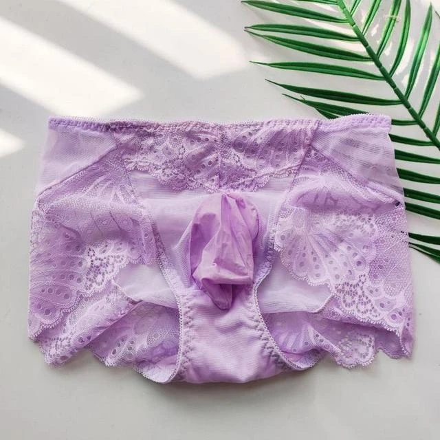 男士时尚青年中腰大三角蕾丝囊袋个性网纱性感纯色中性内裤