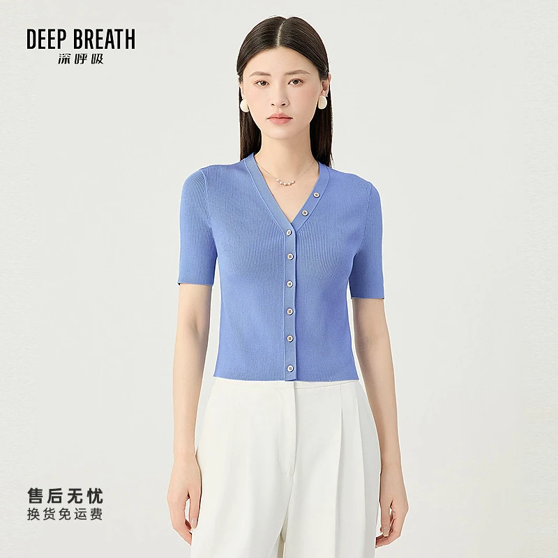 DEEP BREATH深呼吸女装新款时尚V领套头短袖针织开衫女A400865