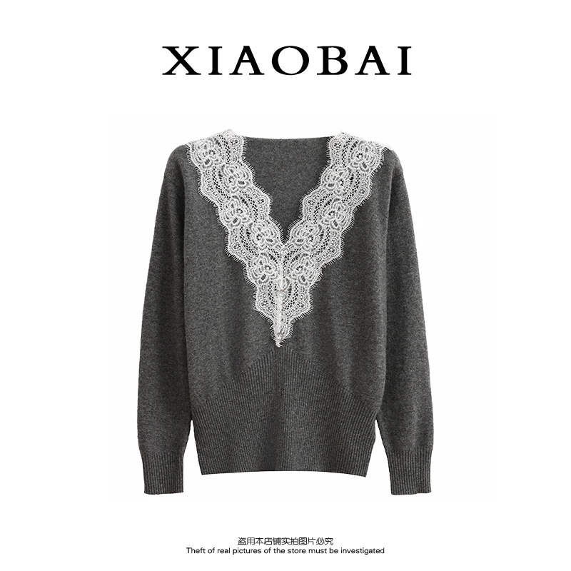 XIAOBAI 纯色蕾丝拼接针织衫秋冬新款显瘦时尚修身知性毛针织衫女