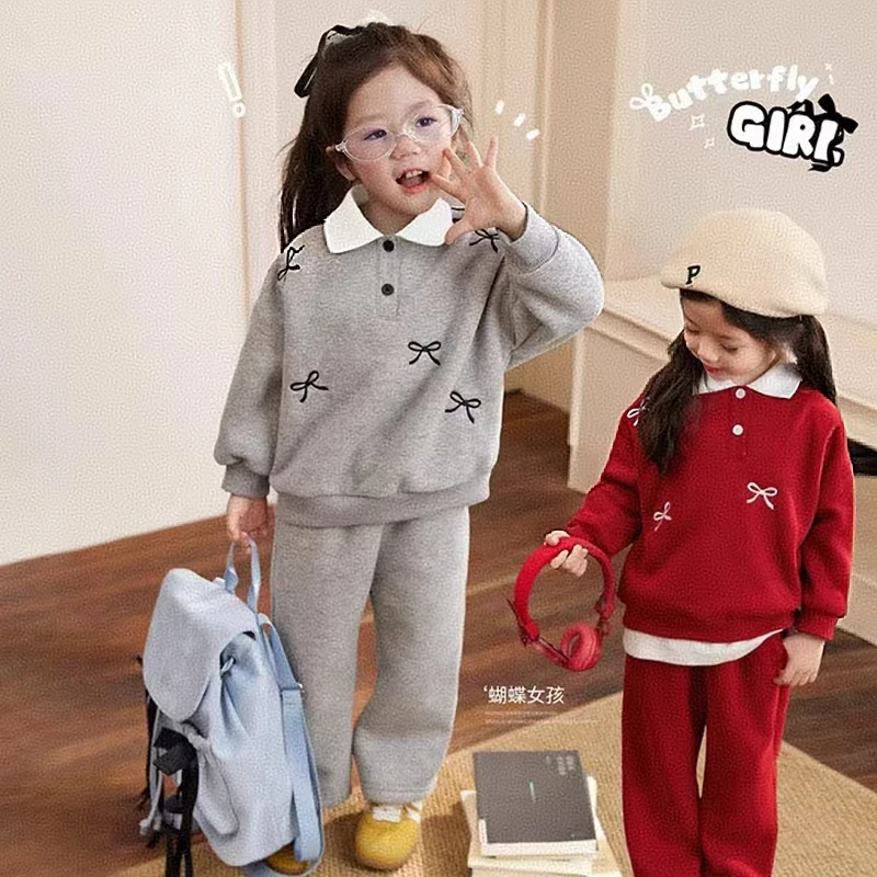 2025新款童装宝宝蝴蝶结卫衣套装女洋气婴儿两件套休闲