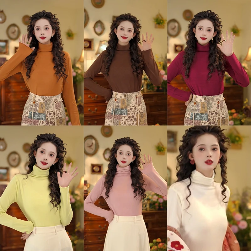 扣子家【秘密花园】港风复古高领针织打底衫百搭显瘦上衣KT5202354