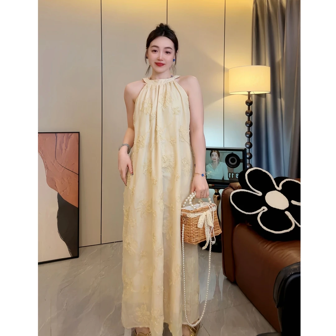 夏季新款设计师工艺碎花系腰带无袖女士连衣裙【花海街】洋气甜美型