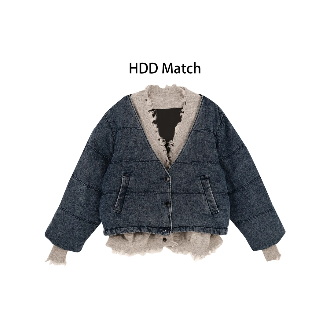 HDD- "拼接牛仔" 90白鸭绒 蓝色女款拼接毛边牛仔羽绒服 Y9985
