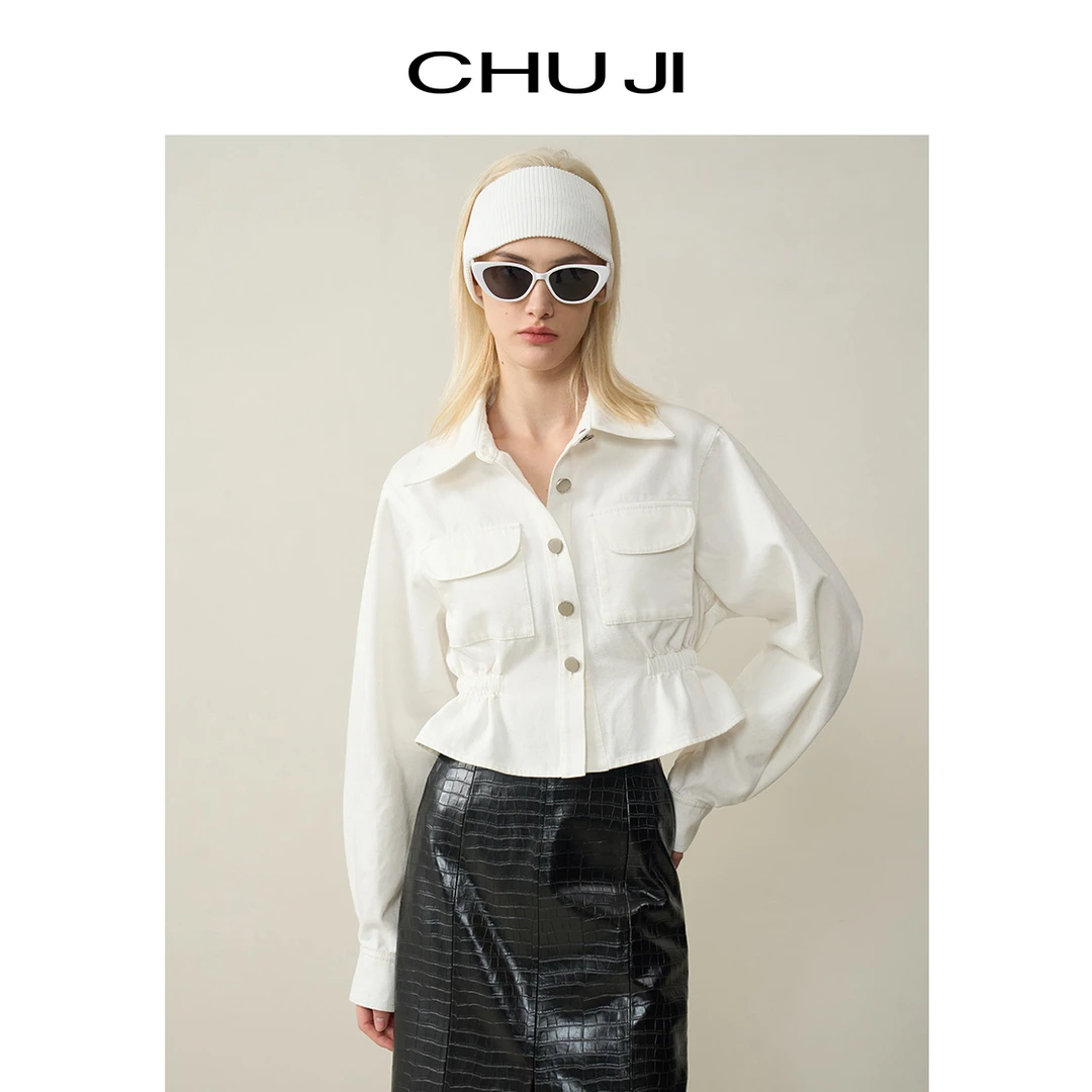 Chuji/出迹出迹复古时尚短款牛仔外套春季工装收腰夹克-E1M2137W