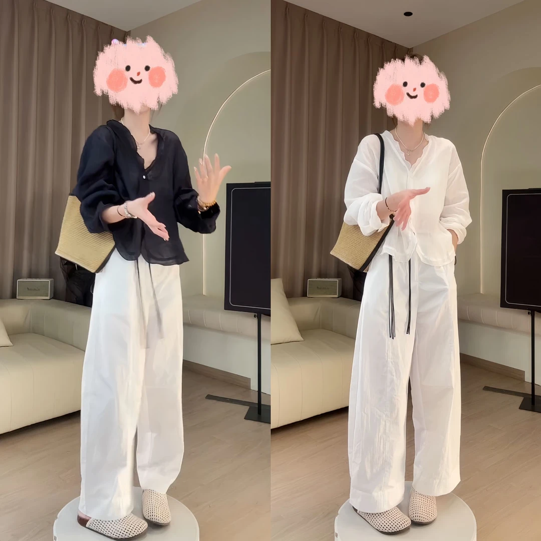 2025夏季新款百搭拼接气质防晒木耳边短上衣+宽松百搭阔腿裤套装