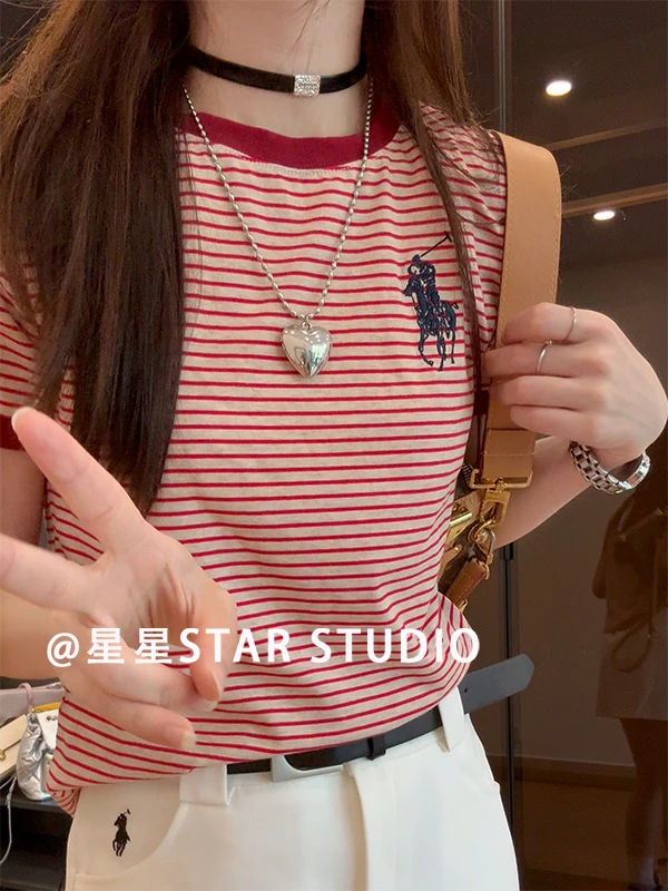 条纹刺绣 XH1225 2025夏季新款圆领短袖T恤女时尚洋气显瘦上衣