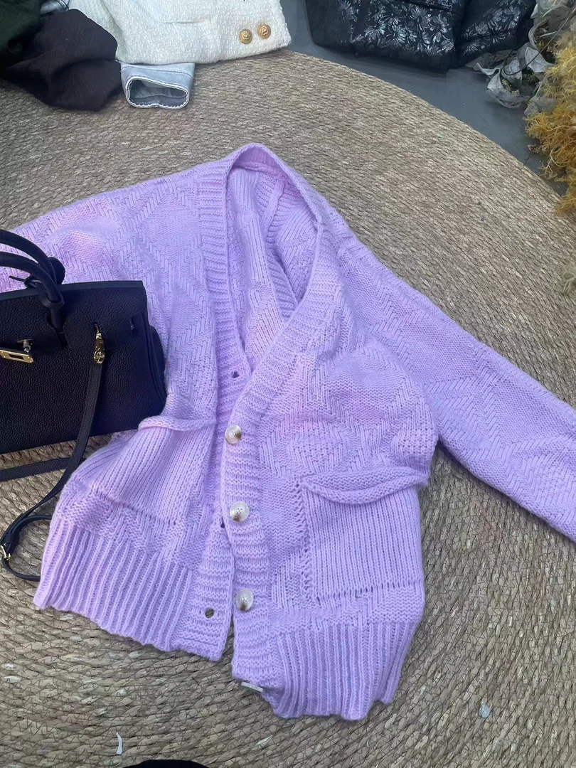 023-女毛衣长袖毛针织衫百搭春季短款中长款网红V领秋