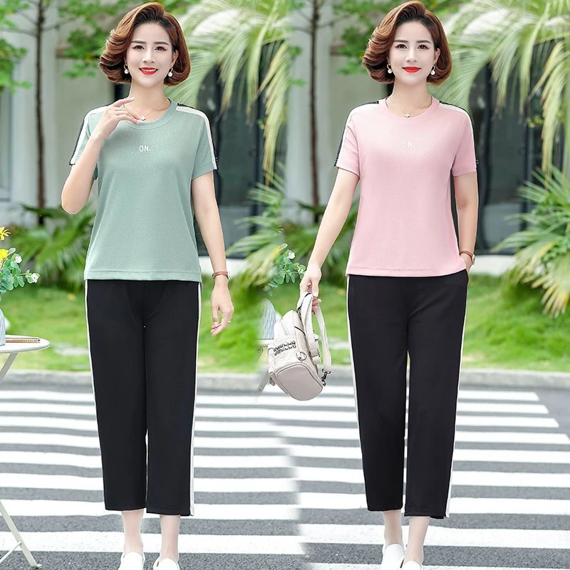 中年妈妈夏装运动服套装女洋气新款中老年夏季短袖T恤休闲两件套
