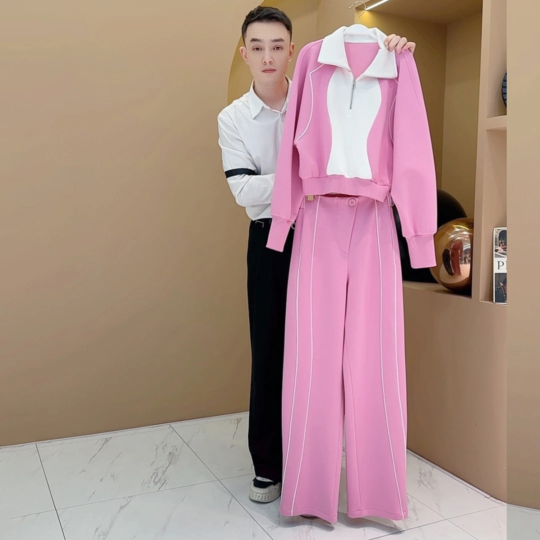 【韩哥女装】2025春海棠粉撞色拼接小众定制欧货运动休闲套装5801A